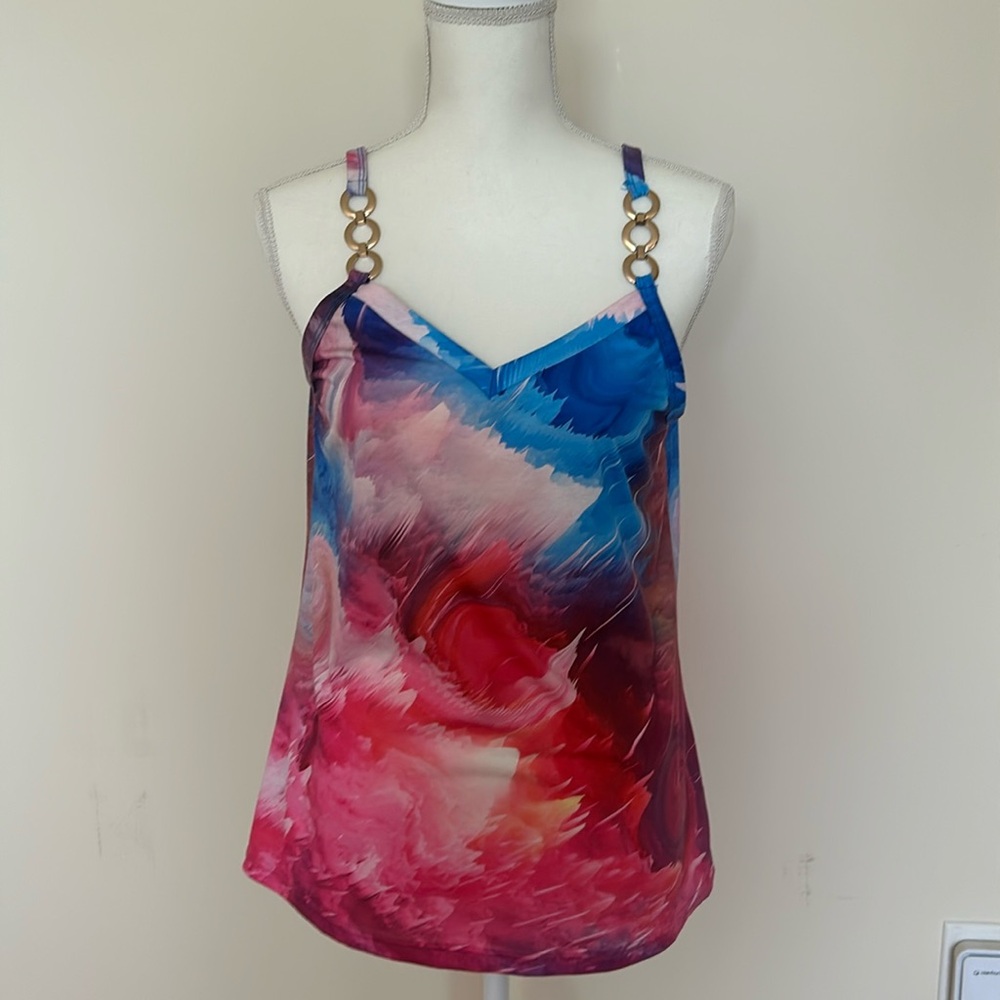 Bright multicolored tank top with three silver rings on front spaghetti strap
